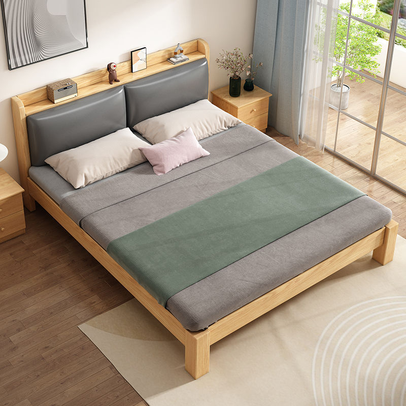 Bed for Home Use 1.8m Soft-Packed Bed for Rental Room 1m Single Bed Frame Solid Wood Bed Modern Simple 1.5m Double