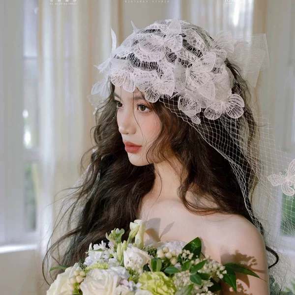Bridal Headwear Vintage Lace Butterfly Bag Hair Belt Handmade Fairy Style Hat Makeup Style Sample Travel Hair Accessories
