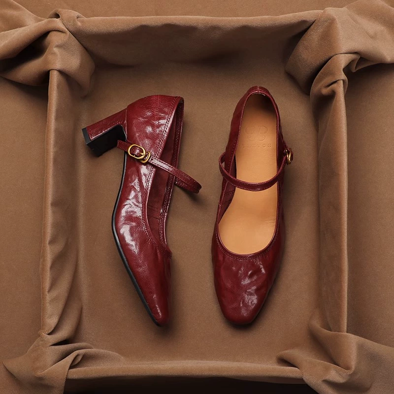 Мягкая овечья кожа не устает ноги красные высокие каблуки весна и осень новый французский ретро толстый каблук темперамент Мэри Джейн обувь женская обувь