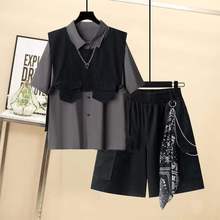 男女同款套装2024夏季韩版宽松短袖衬衫+工装马甲短裤三件套ins潮