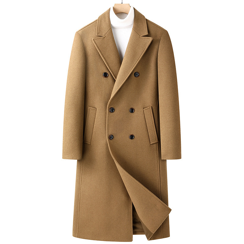 Autumn and Winter New Men's Woolen Coat with Double-Breasted Design, Over-The-Knee Long Style, Slim Fit, Solid Color Woolen Coat for Young and Middle-Aged Men Autumn and Winter New Men's Woolen Coat with Double-Breasted Design, Over-The-Knee Long Style, Slim Fit, Solid Color Woolen Coat for Young and Middle-Aged Men