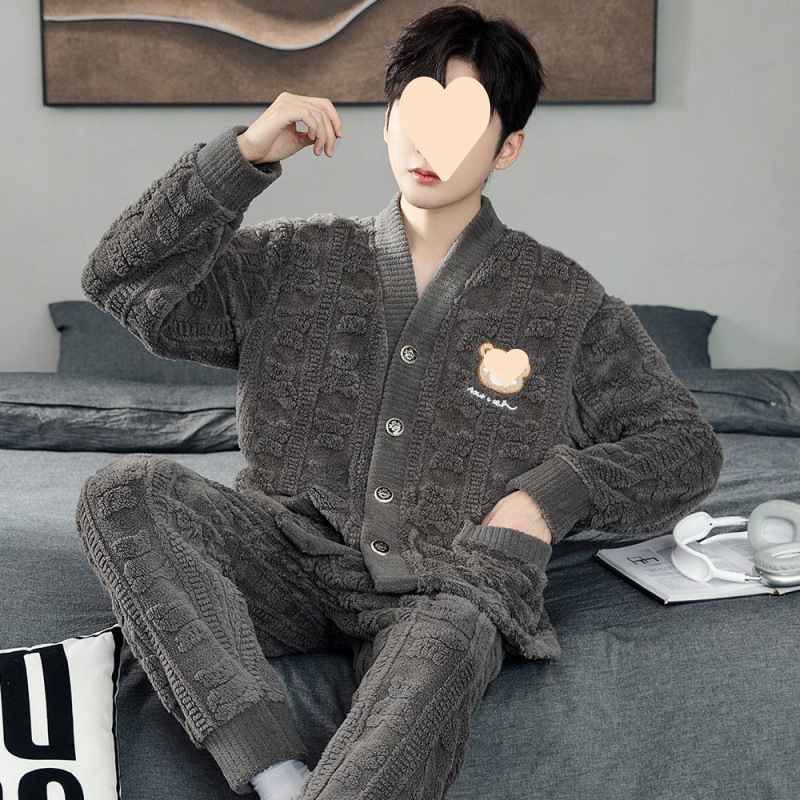 가을과 겨울 산호 양털 파자마 남성용 두꺼운 플란넬 세트 한국 긴팔 카디건 청소년 홈 의류 플러스 사이즈