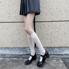 White mid-calf socks, spring/summer thin sheer mesh stockings with hollowed-out design, stacked-heel style, short socks—Japanese-style JK black calf-length socks for women