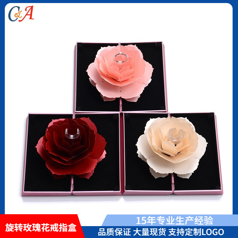 厂家网红抖音同款旋转玫瑰花戒指盒  创意花升降求婚盒可印LOGO
