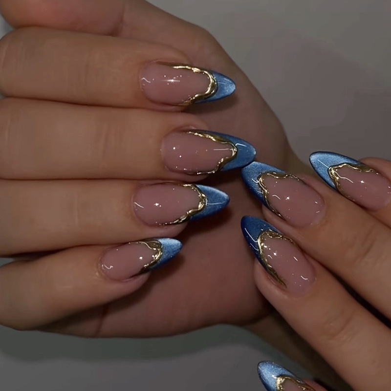 Wearable Almond-Shaped Irregular Blue Cat-Eye French-Style 3D Gold-Plated Detachable False Nail Stickers