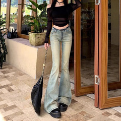 新款2025春夏新品复古怀旧色牛仔裤女美式辣妹高腰弹力显瘦微喇裤