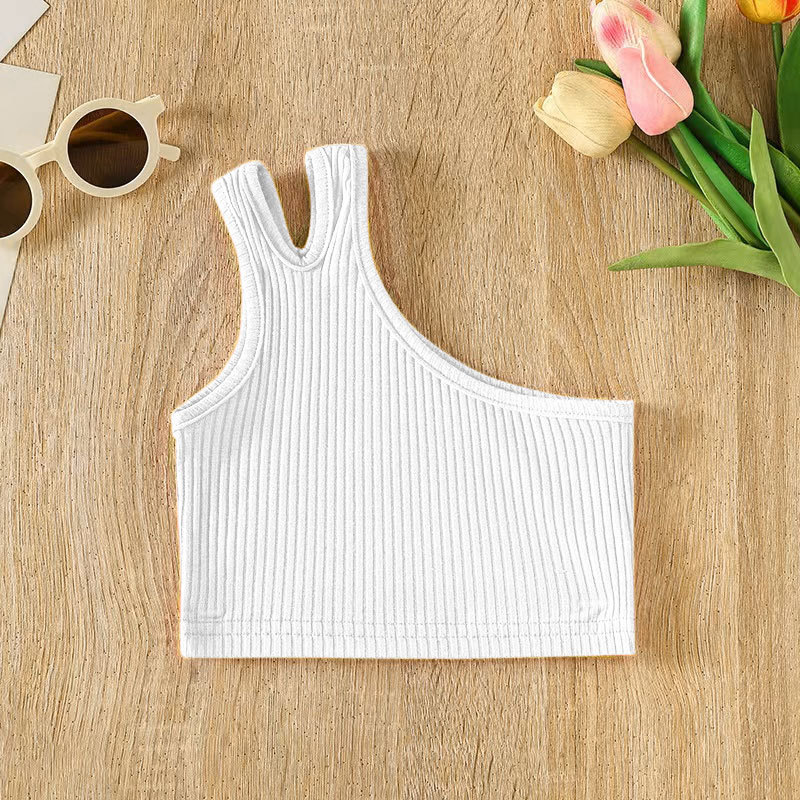 2026 chaleco de verano transfronterizo de ropa infantil de niñas nuevas niñas de comercio exterior hombros inclinados irregulares cinturón de 100 camisas