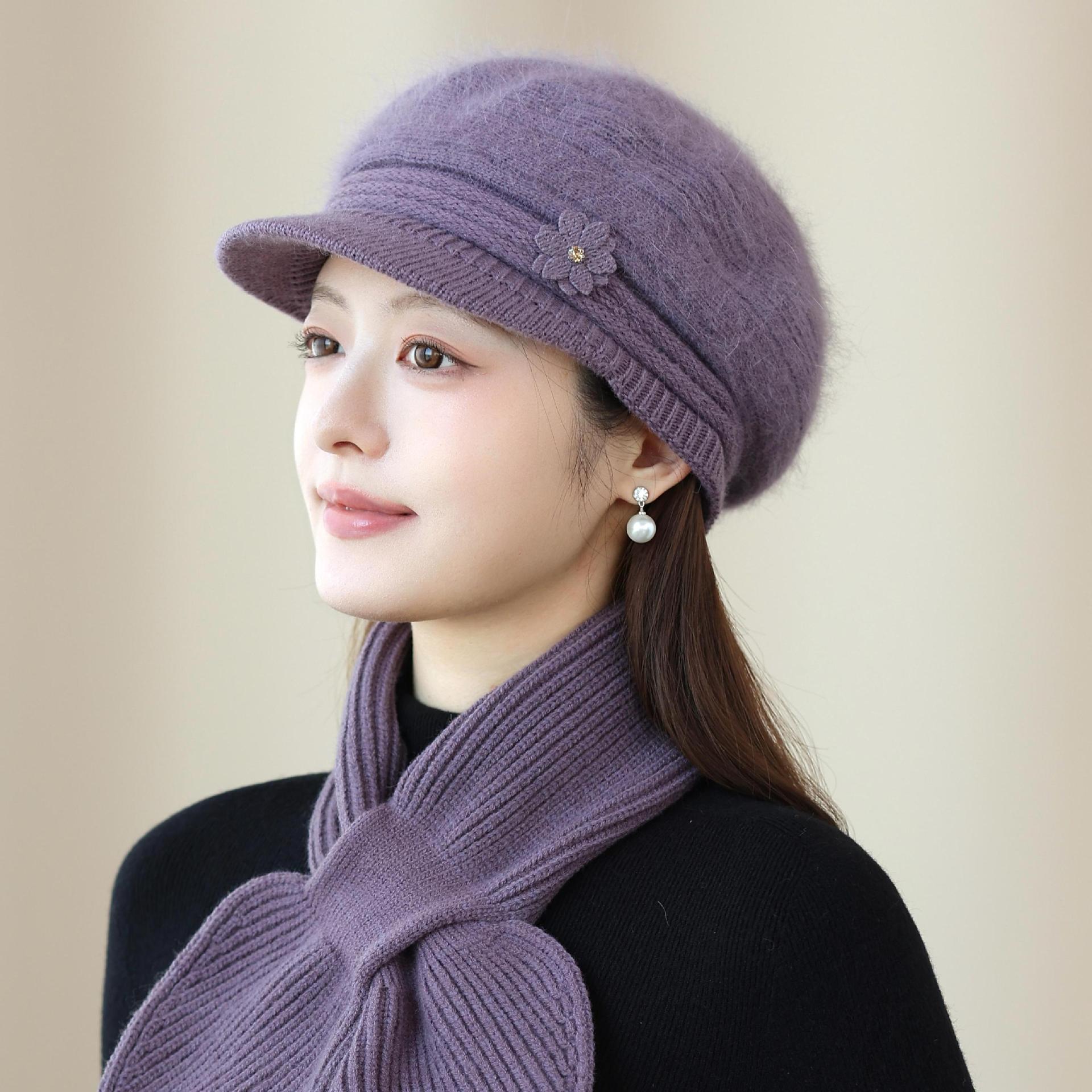 Autumn and winter women's rabbit fur blend knitted hat and scarf set, warm and ear-protecting, duckbill cap, mom style, elegant and versatile