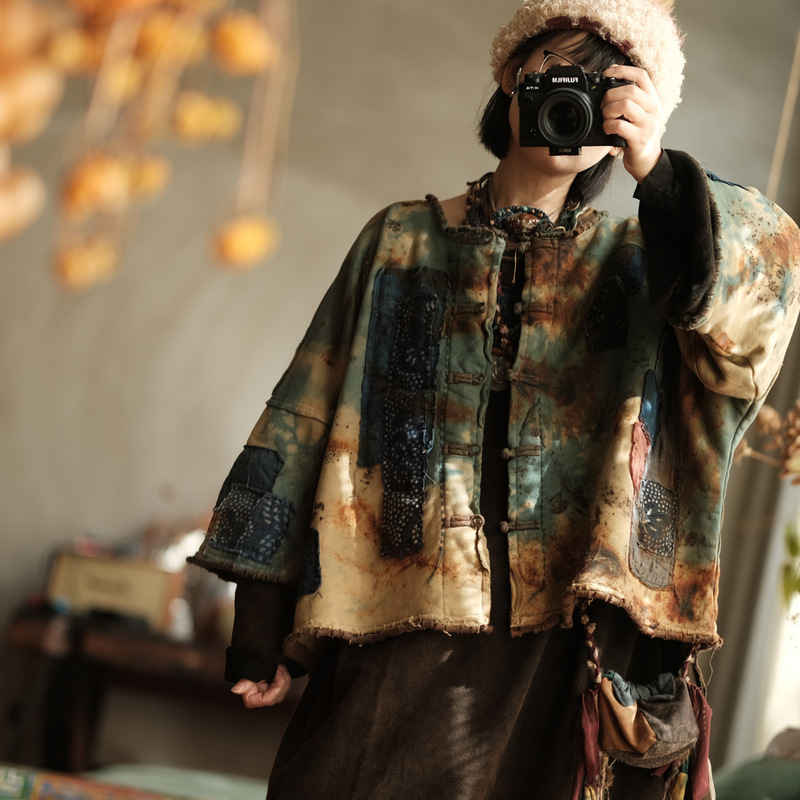 Handmade Plant-Dyed Knitted Cotton Loose-Fitting Versatile Patchwork Button-Up Cardigan 2260 Plant-Dyed Camel Orchid Tone Handmade Plant-Dyed Knitted Cotton Loose-Fitting Versatile Patchwork Button-Up Cardigan 2260 Plant-Dyed Camel Orchid Tone