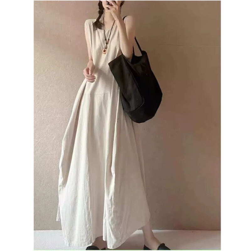 New Summer Foreign Trade Style Artistic Floral Bud Dress, Fairy-Like Elegant Dress, Vacation Style Flared Tank Top Long Dress for Women