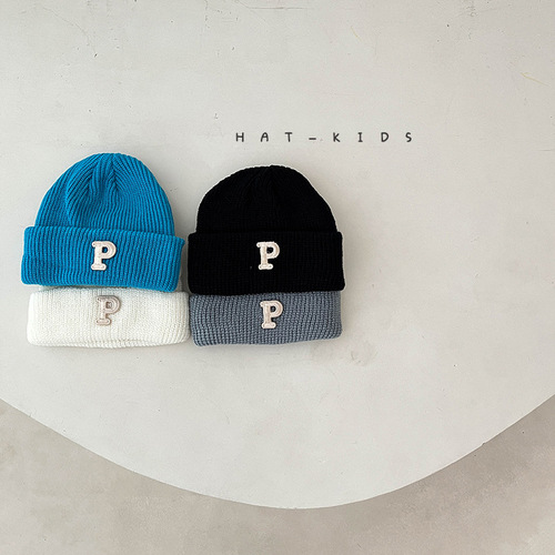 ins baby hat autumn and winter baby knitted hat warm and versatile winter P letter solid color thickened wool hat