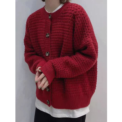 Vintage Crew Neck Sweater Cardigan Women's 2025 Autumn/Winter New Style Casual Soft and Gentle Knitted Sweater Coat
