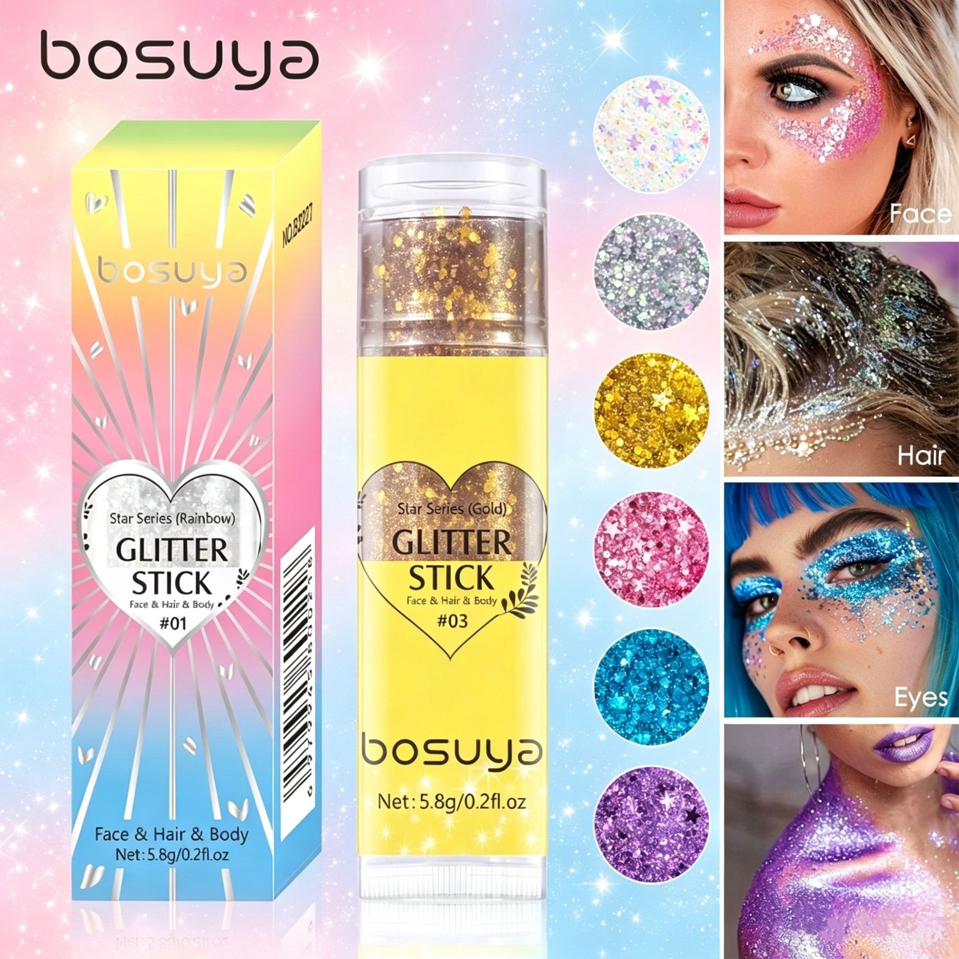 Bosuya Stage Party Eyeshadow Makeup Glitter Stick Lip and Cheek Dual-Use Six-Color Gel Body Glitter Makeup