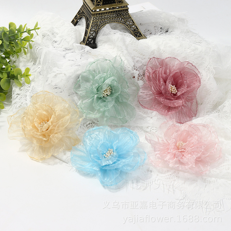New Korean Style Organza Handmade Burnt-Edge Flowers DIY Headwear Crumpled Gauze Fabric Flowers Shoe and Hat Clothing Accessories