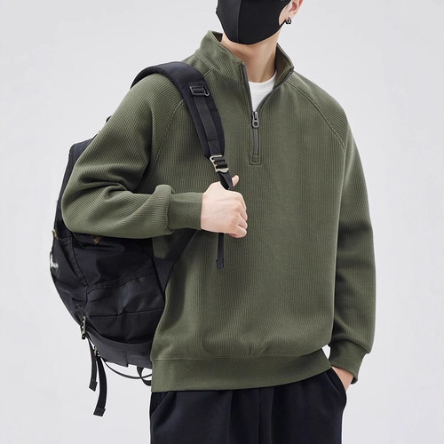 Men's semi-zipper sweater men's spring and autumn 2025 new style loose fashion brand pullover stand collar solid color sweater T-shirt men