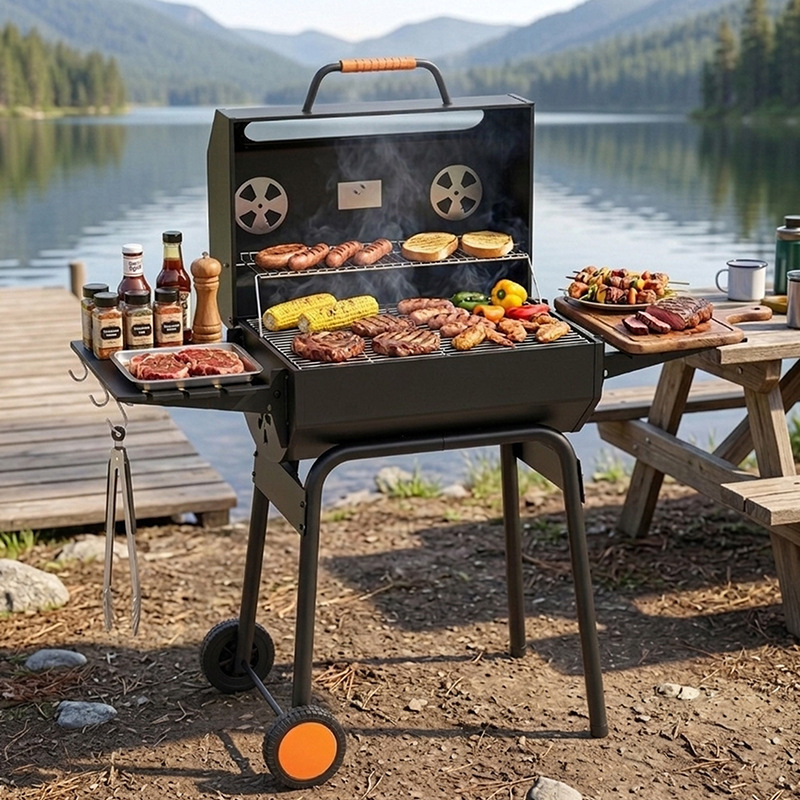 Ahumador y Parrilla de Carbón Estilo Americano de Acero al Carbono, Multifunción, para Patio image 3