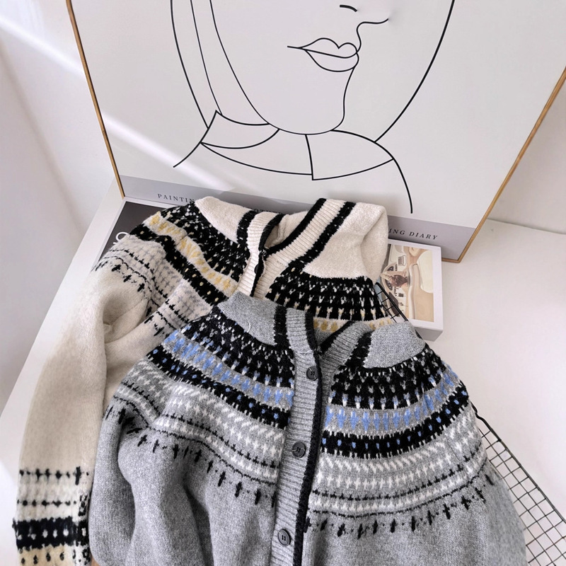 Fair Isle Lazy Style Retro Jacquard Hooded Knitted Cardigan Autumn and Winter Loose Large Version Sweater Jacket for Women 6572