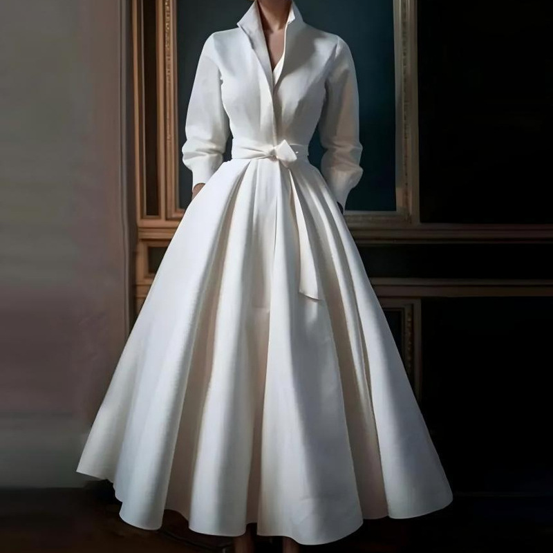 French-Style Light Wedding Dress for Brides, Vintage Simple Mori-Style Long Dress, Elegant V-Neck Going-Out Gown with Long Sleeves Evening Dress
