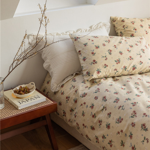 Korean retro floral 100% cotton bed set including four pieces: sheet, duvet cover, and pillowcase set for dormitory, 1.8 meters