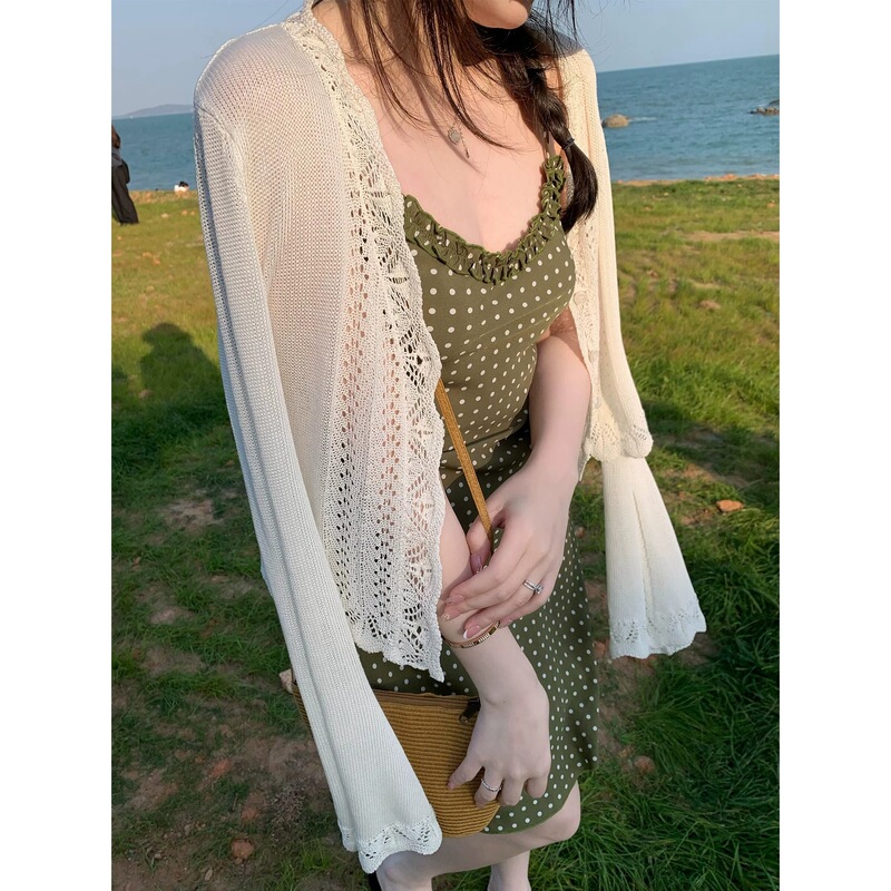 French-Style White Hollow-Out Sun-Protective Knit Cardigan for Women, Summer Wear with Camisole, Outer Shawl, Small Cover-Up, Thin Knit Top