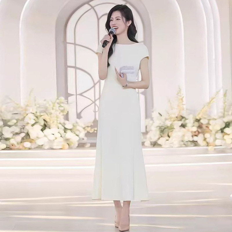 French Socialite Short-Sleeved White Dress for Women 2025 Summer New Formal Occasion Hip-Covering Long Suit Skirt