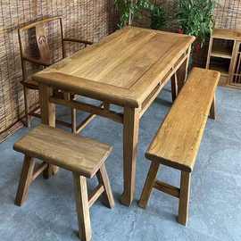 老榆木实木八仙桌中式方桌餐桌马蹄桌复古民宿长条凳禅意书桌