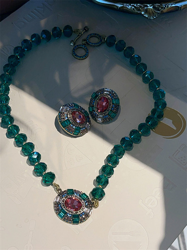 Antique-style silver needle vintage heavy work emerald crystal gemstone earring set high-quality retro earrings eardrops