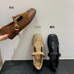 复古雕花方头浅口单鞋平底小皮鞋女小众设计法式玛丽珍鞋秋季女