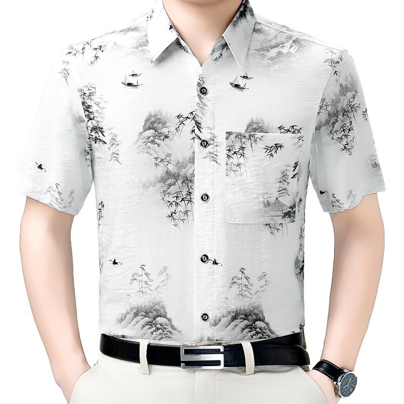 Versatile Hot-Selling In-Stock Cross-Border 2026 Middle-Aged Men's Summer Mercerized Cotton Linen Printed Plus-Size Short-Sleeve Shirt in Multiple Colors Versatile Hot-Selling In-Stock Cross-Border 2026 Middle-Aged Men's Summer Mercerized Cotton Linen Printed Plus-Size Short-Sleeve Shirt in Multiple Colors