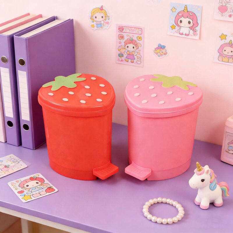 Cute Strawberry Trash Can with Lid for Desktop, Mini Bin for Desk and Makeup Table, Adorable Household Storage Bin, Ins Style Cute Strawberry Trash Can with Lid for Desktop, Mini Bin for Desk and Makeup Table, Adorable Household Storage Bin, Ins Style
