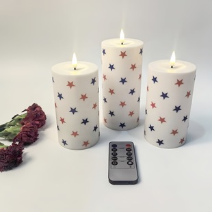 Cross-Border New Red and Blue Five-Pointed Star Printed Candle 10-Key Remote Control Printed Led Candle Wedding Holiday Props