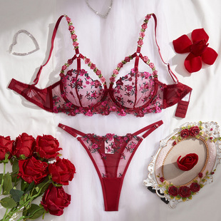 Cross-Border European and American Hot-Selling Sexy Underwear Set with Steel Ring Push-Up Breathable Thin Bra Three-Point Mesh Outfit