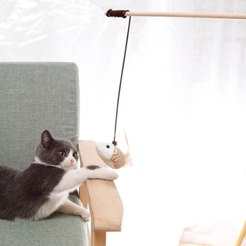 Cat Toy Burlap Mouse Wooden Cat Stick Handheld Interactive Cat Stick Funny Toy Cat Supplies Factory