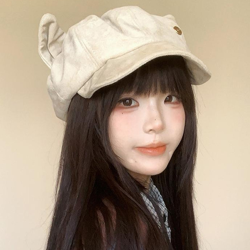 韩版简约小熊耳朵八角帽子女宽檐显脸小秋冬季新款甜酷时尚画家帽|undefined