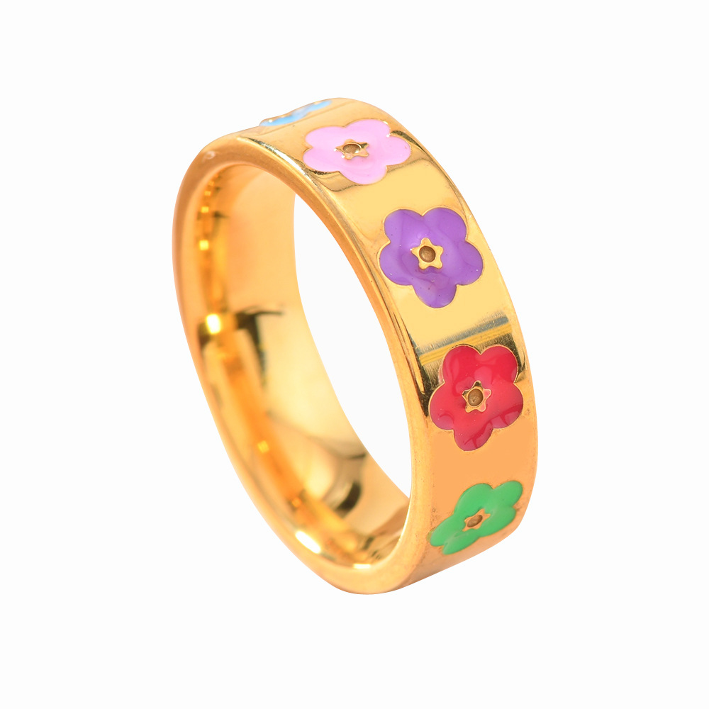 Joyas de acero de titanio creativas bonitas flores de oro gota de aceite de color amor anillo de acero inoxidable fabricantes de mujeres image 5