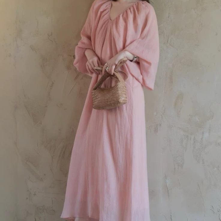 2026 Summer New Style Tencel Texture Lantern Sleeve Fairy Long Dress Pink Collar Ramie Sexy Loose Dress