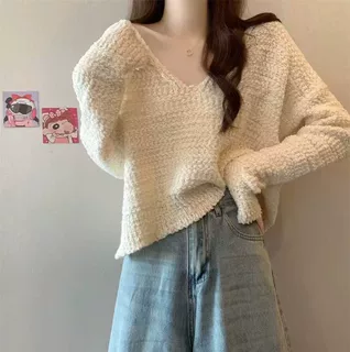 韩系V领粗毛针织衫女秋冬内搭纯色短款宽松慵懒毛衣正肩上衣