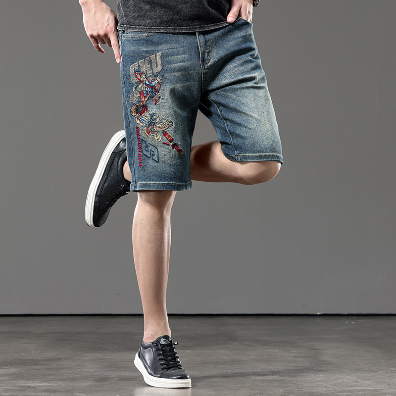 Vintage Blue National Fashion Chinese Style Embroidered Denim Shorts Men's Five-point Pants Summer Thin Loose plus size Fashion Brand Mid-length Pants
