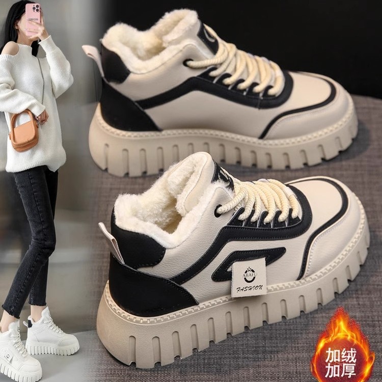 2024 새로운 겨울 면화 여성 신발 기모 하이 탑 스포츠 캐주얼 신발 두꺼운 밑창 스노우 부츠 따뜻한 발목 부츠