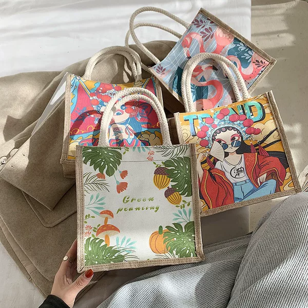 National Trend Style Handbag for Women, Linen Fabric, Fashionable and Lightweight, Shopping Bag, Student Tutoring Bag, Lunch Box, Bento Bag