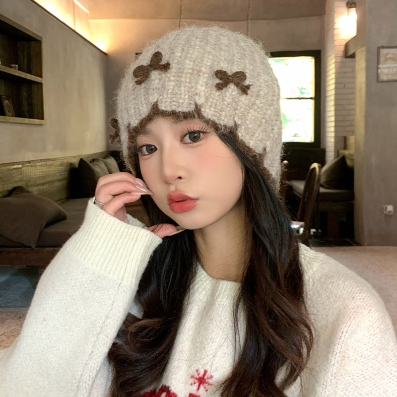 日系百搭蝴蝶结针织毛线帽子女秋冬休闲防风保暖包头帽显脸小冷帽|undefined