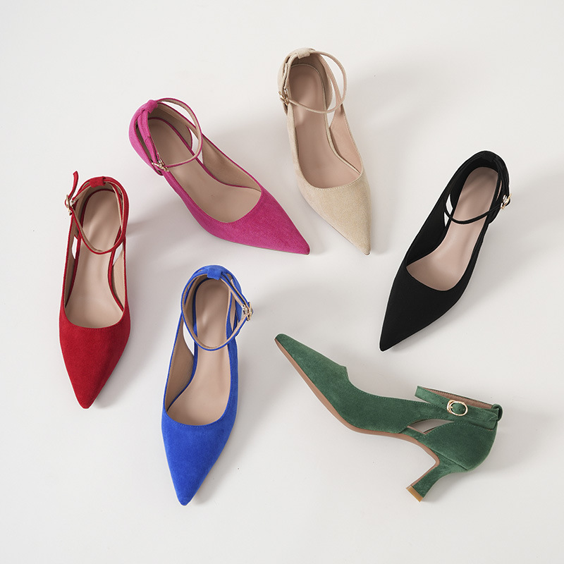 Cross-Border Large Size Stiletto High Heels New Suede Solid Color One-Line Hollow Women's Shoes Pointed Toe Fashion Work Shoes