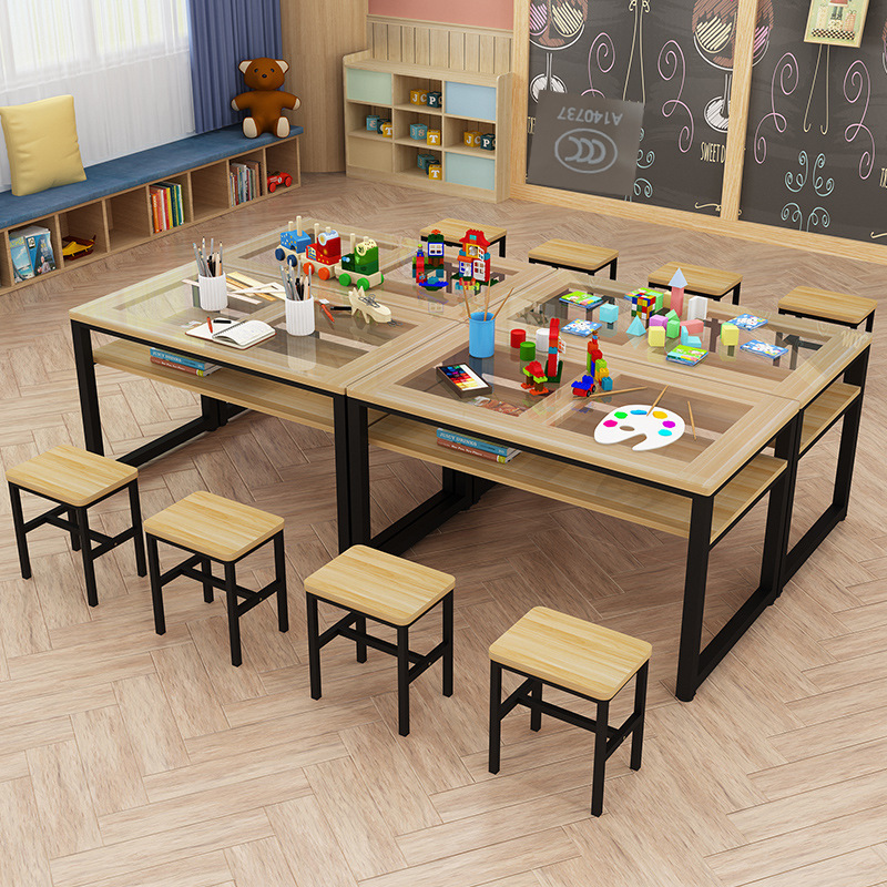 桌手工幼儿园画室组合玻璃小学桌桌桌双层美术学生绘画课桌椅培训