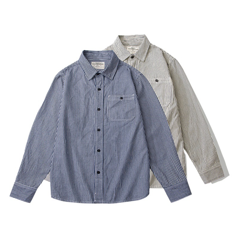 OKONKWO rayado vertical sola bolsa camisa de los hombres retro ameikaji ropa de trabajo de Mezclilla a rayas camisa de manga larga