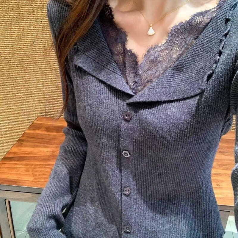 French Gentle Style Lapel Sweater for Women Autumn and Winter New Lace Splicing Fake Two-Piece Long-Sleeved Sweater