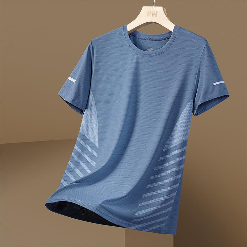 [Puesto en stock] Camiseta de manga corta de seda de hielo para hombre de verano delgada suelta deportes de secado rápido transpirable de alta calidad a rayas T