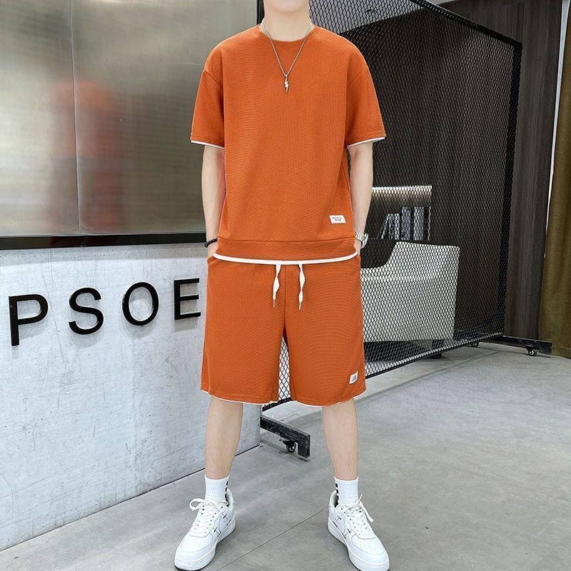 Waffles shorts suit men's summer ice silk short sleeve men's clothing set with handsome fashion brand leisure sportswear