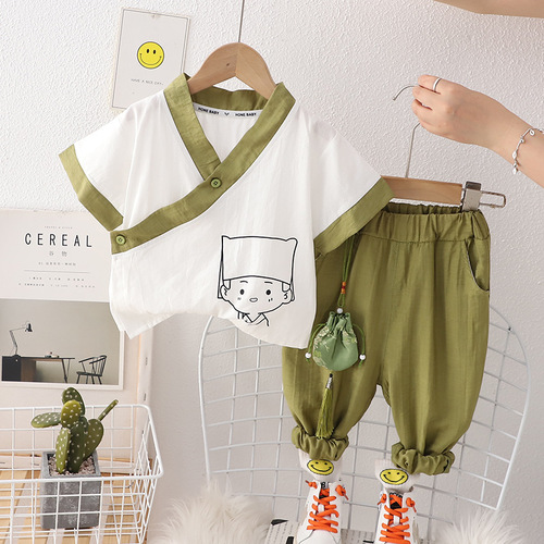 Boys' Tang suit short-sleeved children's  new summer clothes children's summer baby boy children's clothing one piece drop shipping
