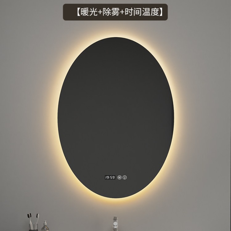 espejo inteligente elíptico de alta definición de forma especial espejo de maquillaje colgado en la pared con iluminación LED pantalla táctil anti-nebble espejo de baño