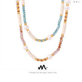日韩风格多巴胺女孩天然淡水珍珠玻璃石串珠优雅气质钛钢项链饰品